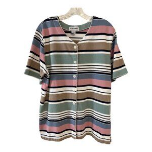 Alfred Dunner 1X Striped Button Front Knit Top Womens Plus Size Short Sleeve Cas